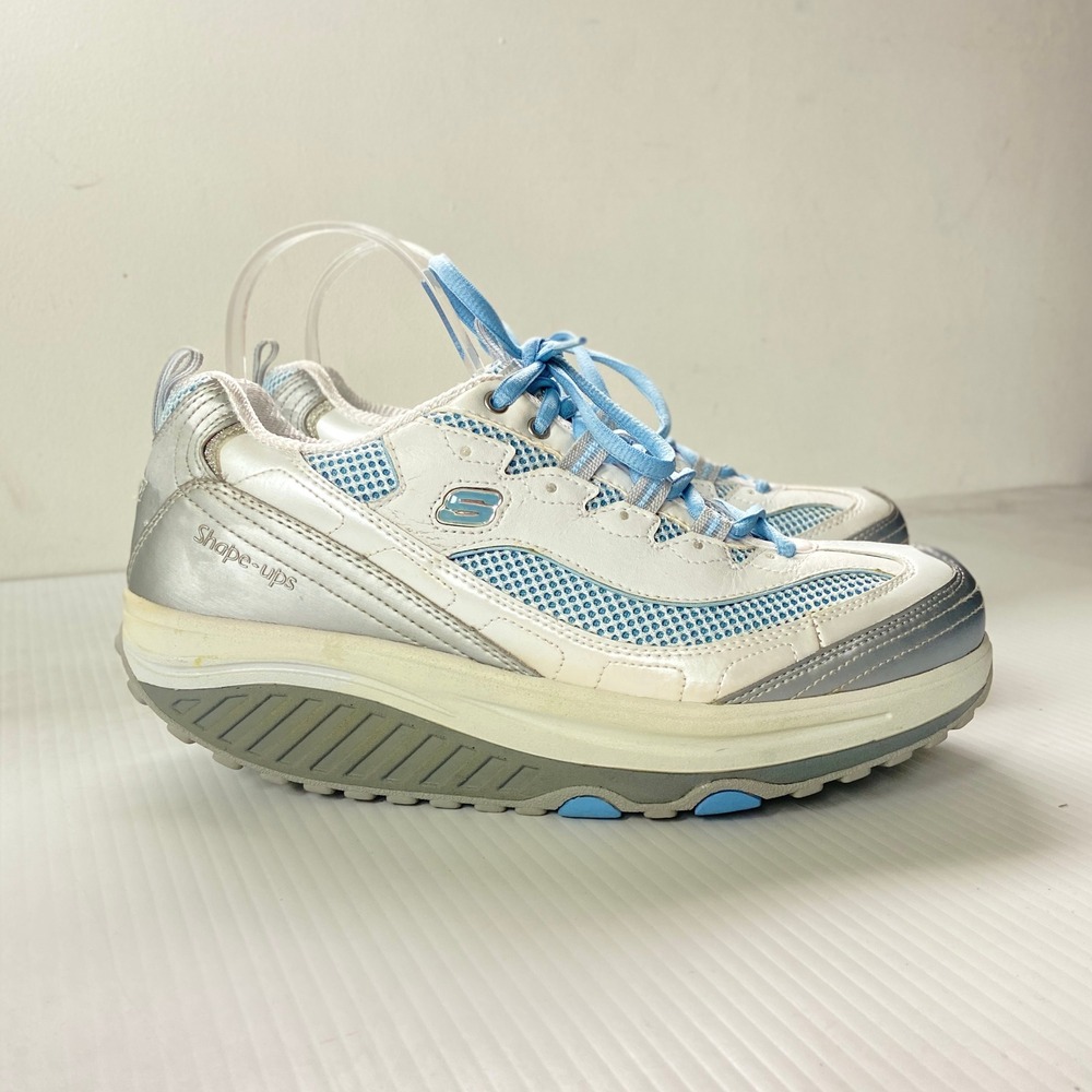 Skechers Shape Ups White Leather Blue Silver Lace Up Sneakers Womens 10